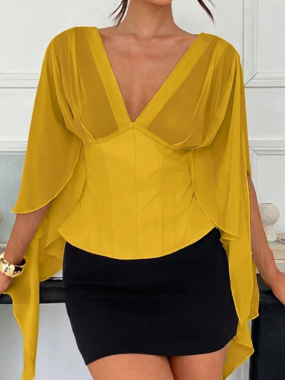 Yellow Casual Women's Elegant Wedding Bustier Shrug Shirt - Picture 6 of 9